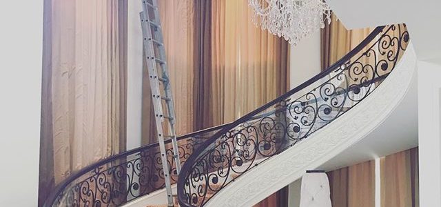 Adding the final surrounding decorative touches to an already elegant staircase. #grandstaircase #elegant #decorator #design #furnishings #fabric #design #architecture #yvrdesign  #shadesign #almostcomplete